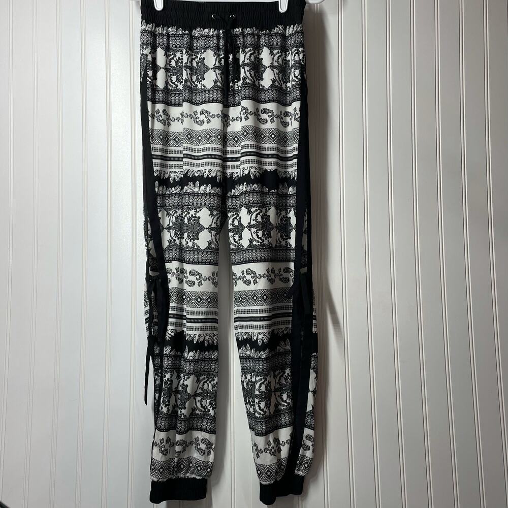 Bebe Women’s Black Harem Drawstring Pants Open Side Slits Size Small